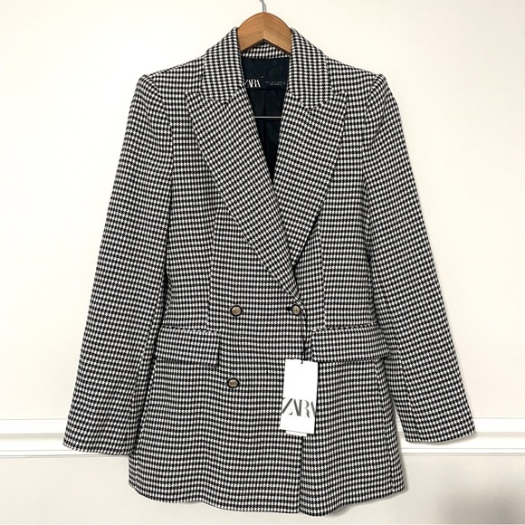 NWT ZARA • double breasted houndstooth blazer black white blogger favorite sz S - Picture 4 of 10